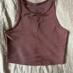 Fleo Ribbed High Neck Brown Crop Tank Top